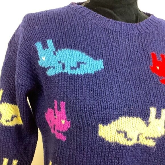 VINTAGE WOOL HANDKNIT DEANS OF SCOTLAND BUNNY PRINT SWEATER - Picture 2 of 7